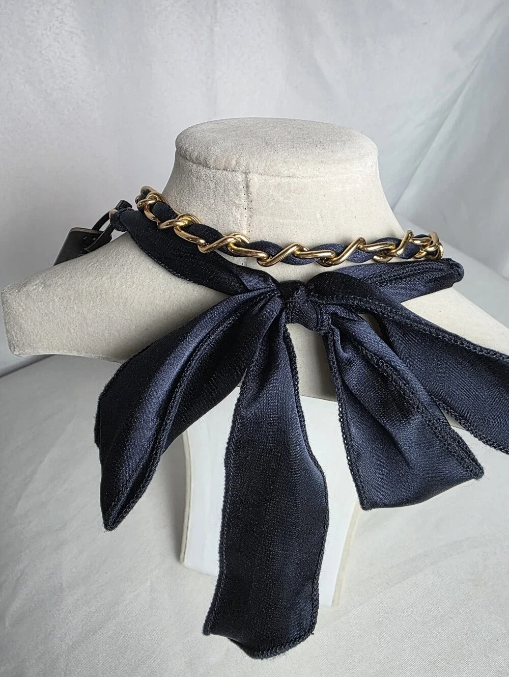 J.Crew New Long Gold Tone Chain Midnight Blue Ribbon Necklace